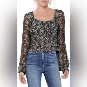 Free People Lolita Top in Black Combo Paisley Smocked Frayed Raw Hem Long Sleeve